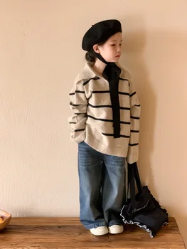 לילדים סוודרים 2023 סתיו קוריאני בנות מותק רחב עם פסים לסרוג את הסוודר ילדים מזדמנים חופשי סוודר סוודר מעיל