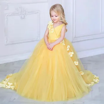 טול צהוב נפוח פרח ילדה שמלת החתונה הילדים מסיבת יום הולדת נוצצת אפליקציה הנסיכה הטקס הראשון שמלה שמלות נשף