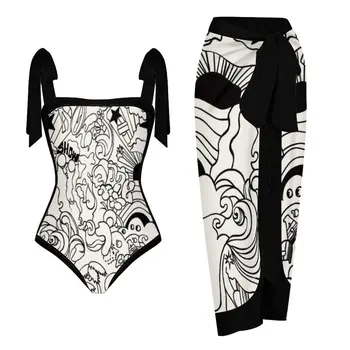 גיאומטריות מודפס חתיכה אחת, בגדי ים, כיכר-צוואר בגדי ים, Bowknot רצועה של נשים Beachwear, בטן שליטה Monokini בגד ים
