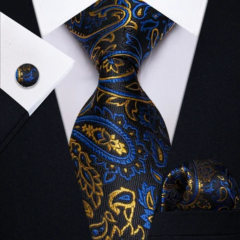 רטרו יוקרה זהב כחול פייזלי גברים עניבה שחורה עבור Office מסיבת חתונה אופנה לקשור את המטפחת. סט חפתים הסיטוניים YourTies