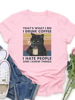 פסים קפה חתול מגמה אוהב מודפס בגדים נשיים בגדי קיץ T אופנה מזדמן טי נשים שרוול קצר גרפי חולצות