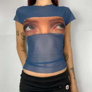 קידום הקיץ רטרו אסתטיקה חולצה שקופה רשת קצר סקסי העליון פתח הטבור גותי מצחיק תמונת עין טי-שירט