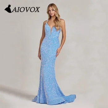 AIOVOX אשליה V-צוואר נצנצים שמלה לנשף בתולת ים רכבת לטאטא רשמי שמלת ערב תחרה למעלה חזרה Vestido De Noche לנשים 2023