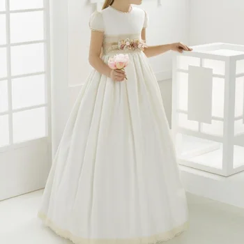 פרח ילדה שמלות סאטן קו A-O-צוואר באורך רצפת נסיכה, שמלת נשף חתונה הטקס הראשון שושבינה יום הולדת