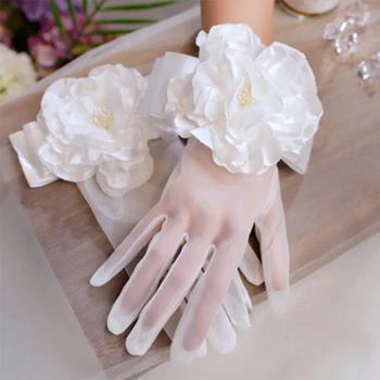 נשים מבוגרים פרח לבן כלה כפפות עניבת פרפר צילום סטודיו אביזרים מתנות חתונה טול פרספקטיבה אצבעות כפפות קצרות