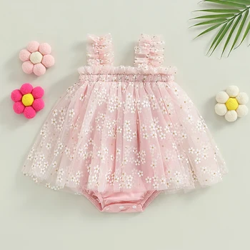 הקיץ תינוקות תינוקת בגד חמוד שרוולים פרחוניים הדפסה סרבל טול שמלות