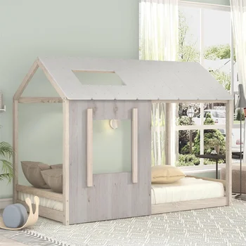 עץ תאום הבית הקלאסי פלטפורמה למיטה עם גג וחלון לילדים, אפור הילד למיטה מיטת פעוט