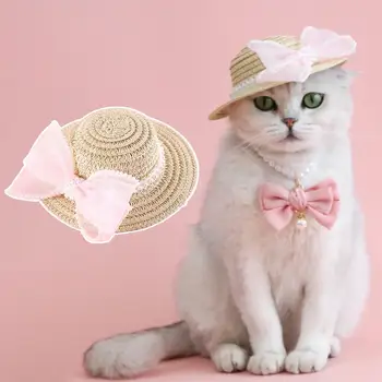 אופנתי מחמד כובע מסוגנן קש מחמד כובע עם רשת קשת פנינים מזויפות החוף מסיבת תחפושות אביזר עבור חתולים כלבים קטנים