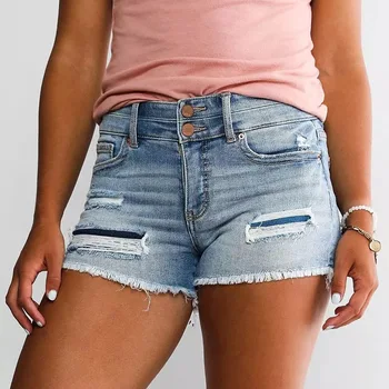2023 חדש באביב קיץ מכנסי ג 'ינס קצרים ג' ינס של נשים גבוהה המותניים אופנה קרע כחול מזדמנים מכנסיים קצרים