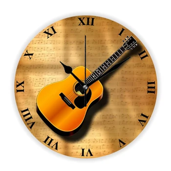 בציר עתיק מעץ, גיטרה אקוסטית על מוזיקה ישנה גיליון דקורטיביים שעון קיר מוסיקאי מורה מתנה הביתה תפאורה קיר אמנות 35