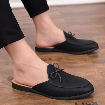 מעצב חדש גברים קיץ נעליים שטוחות מזדמנים עור להחליק על חצי נעליים לנשימה נעליים Elegantes נעלי בית תכליתי שמלה חצי לגרור