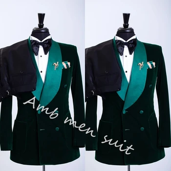 ירוק כהה קטיפה Mens חליפות בהתאמה אישית 2 חתיכות מכנסיים שחורים בלייזר מכנסיים כפול עם חזה החתונה סיבתי עסקי הנשף מותאם