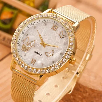 נשים במראה זכוכית זהב משובץ יהלום אופנה קוורץ שעונים של נשים סגסוגת יוקרה עסקים שעון נשים מעודנות יוצא עם מתנה.