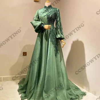 ירוק שרוול ארוך המוסלמים שמלות ערב האסלאמית רשמי שמלת מסיבת חג ' אב נשים ערבית Kaftan אורגנזה אפליקציות החלוק דה נשף