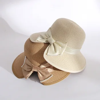 2023 חדש של נשים רחב שוליים שמש כובעי קיץ אלגנטי פרל קשת כובע קש אופנה מתקפל מגבעת כובע כובע חג אנטי UV החוף הכובע