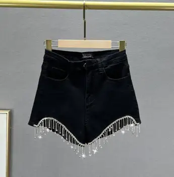 יהלום ציצית ג ' ינס מכנסיים קצרים לנשים אופנתי 2023 הקיץ גבוהה המותניים רזה הרזיה האירופי תחנת רחב הרגל חם המכנסיים