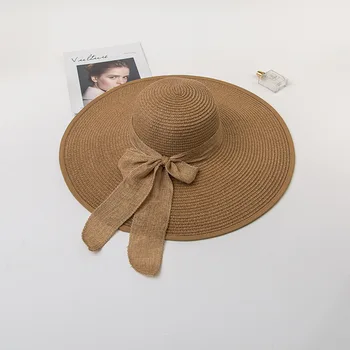 קיץ נשים כובע קש Bowknot שוליים רחבים, תקליטונים כובעי פנמה הנשי ליידי חיצונית מתקפלת החוף סאן קאפ