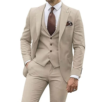 2023 אופנה חדשה גברים פנאי בוטיק דק צבע מוצק עסקים החתונה הטוב ביותר חליפה בלייזרס מעיל מכנסיים וסט 3 יח ' סט