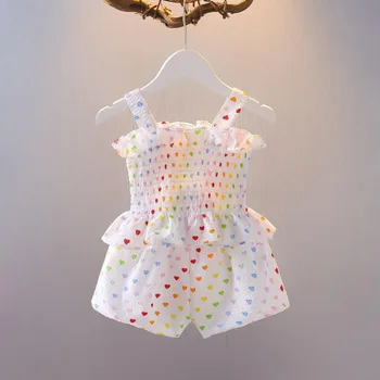 קיץ אופנה תינוק תינוק בגדי ילדות להגדיר מצולעים חמוד צבעוני הלב הדפסה קלע גופיות פעוט מתוק קלע Tees המכנסיים