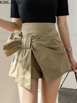 Korejpaa שיק סדיר קשת חצאיות מכנסיים קצרים לנשים 2023 קיץ אופנה קוריאנית הבגדים הנשי גבוהה המותניים רזה רחב הרגל המכנסיים