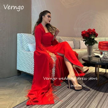 Verngo אדום שמלות ערב נוצות שרוולים ארוכים, ג ' קט פיצול הסעודית ערבית דובה הגברת מסיבה רשמית אירוע שמלות שמלת נשף
