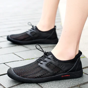 קיץ אופנה גברים שחורים רשת נעלי ספורט נעליים מזדמנים Lac-אפ קל משקל לנשימה הליכה נעלי גברים, סנדלים נעלי גודל 37-47