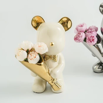 קישוט הבית פשוט אלים דוב עם פרחים מלאכותיים פסלון הפנים שולחן העבודה קישוט פורצלן מיניאטוריים מלאכות מתנות
