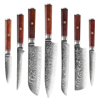 דמשק סכין מטבח יפני פלדה שף, סכין לחם השירות סכין קילוף מתומן ידית עץ Ultra חד Santoku הסכין