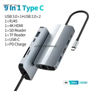 USB Type C רכזת 9 יציאת תחנת עגינה תומכת השימוש בו זמנית של 9 יציאות HDMI 4K-תואם+USB3.0/2.0+RJ45+SD/TF