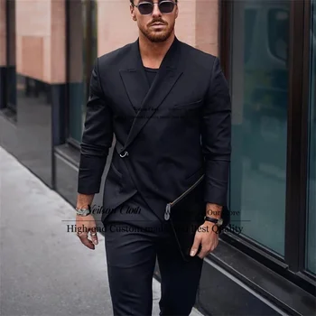 שחור אופנה חליפות גברים לשיא דש חתן חתונה חליפות 2 חלקים סטים זכר הנשף בלייזרס עסקים Slim Fit Terno Masculino