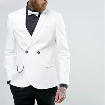 מזדמנים לבן בלייזר שחור מכנסיים כפול עם חזה חתונה מסיבה ללבוש בגדי החתן בהתאמה אישית טוקסידו 2Pc ' קט+מכנסיים+עניבה