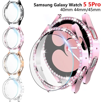 זכוכית+שעון כיסוי עבור Samsung Galaxy לצפות 5 40mm 44mm ו-5 Pro 45mm קשה המחשב יהלומים בלינג מקרה Bumper+מגן מסך זכוכית