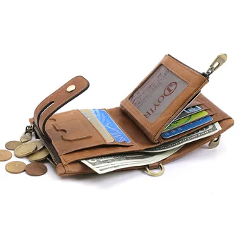 RFID Anti-Theft מברשת קצרה הארנק, פרה רוכסן כפול בציר ארנק עור אמיתי עבור גברים