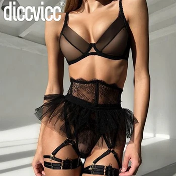 Diccvicc קפלים חצאית תחתונה לראות דרך חזיית תחרה יוקרתית ביריות להגדיר יוקרה תחתונים אישה חמה סקסית תלבושת תלבושות אקזוטיות.