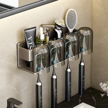 קיר רכוב אגרוף-בחינם מחזיק מברשת שיניים סגסוגת אלומיניום משחת שיניים מתלה שירותים ביתיים לחיסכון במקום אביזרי אמבטיה