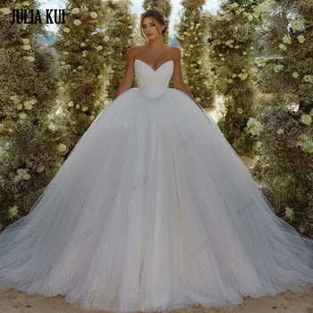 ג ' וליה קוי יפה מתוקה שמלת נשף שמלות חתונה חרוזים תחרה קפלים מחוץ כתף נסיכת כלה חצאית