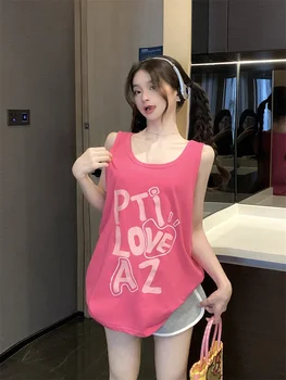 GY3797 מכתב מודפס אפוד חולצה חדשה בציר אופנה חופשי Pitaya צבע תכליתי העליון של נשים ללבוש.