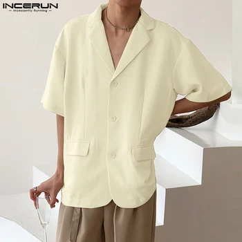 2023 גברים בלייזר צבע מוצק דש שרוול קצר האופנה מזדמן חליפות גברים כפתור קוריאנית חופשי אופנת רחוב מעילים דקים S-5XL INCERUN