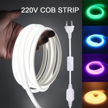 COB LED רצועת אור ניאון 220V תקע חשמל של האיחוד האירופי 288LEDs/m גמיש LED קלטת RA90 3000K 4000K 6000K עמיד למים סרט עם מתג